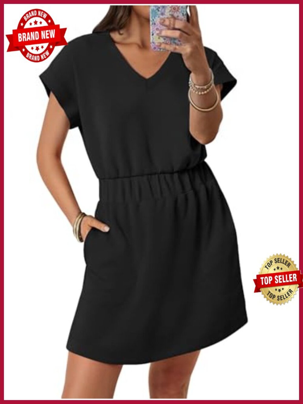 Womens Summer Mini T-Shirt Dress V Neck Short Sleeve Elastic Waist Beach